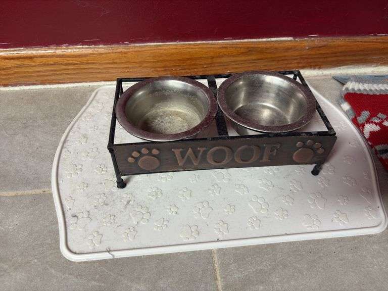 Dog beds, dog bowls, and dog outfit