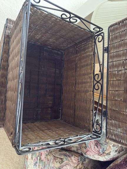 PAIR OF METAL FRAME WICKER BOX WITH VARIETY OF BOOKS