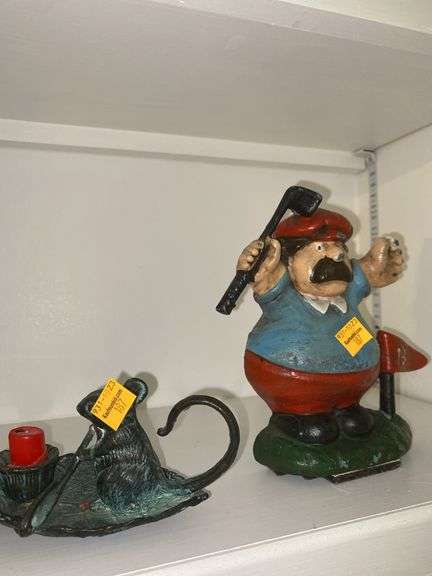 Cast Iron Golfer Figure and Cast Iron Mouse Candlestick Holder
