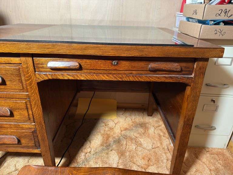 VINTAGE OAK DESK WITH MATCHING WOODEN DESK CHAIR