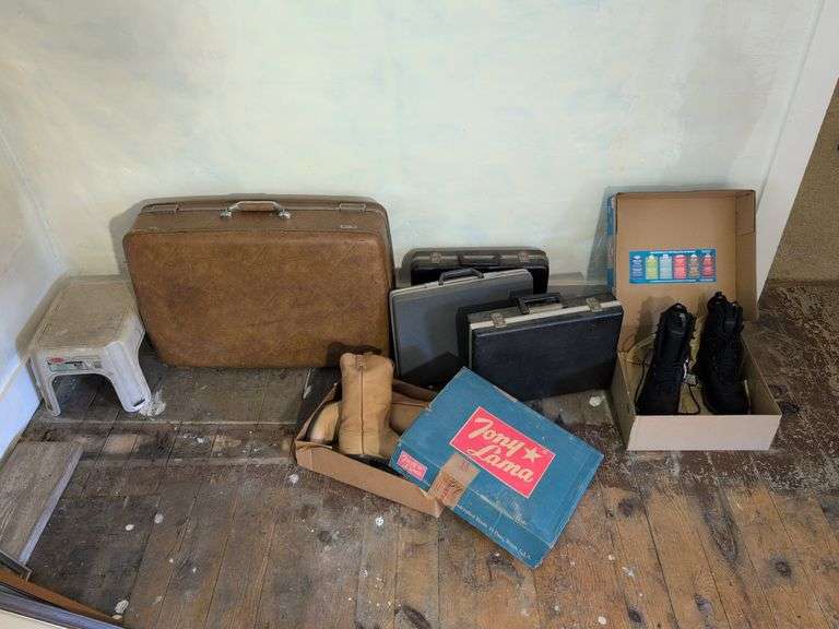 (2) Size 9.5 boots, suitcase, briefcases, and stool