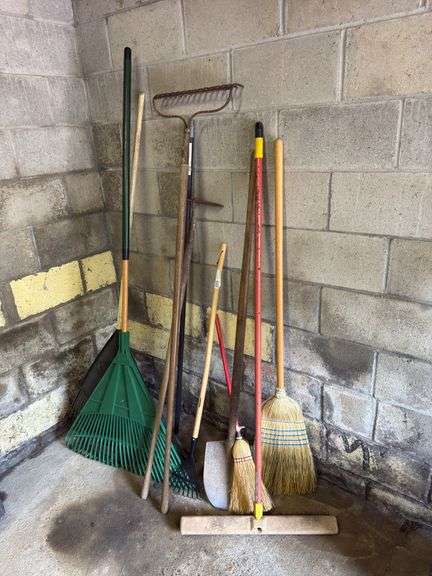 YARD TOOLS: YARD RAKES, GARDEN RAKES, SHOVEL, HOE, BROOMS