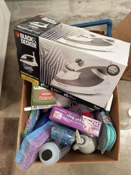 BLACK & DECKER QUICK-PRESS IRON AND BOX OF CLEANING SUPPLIES