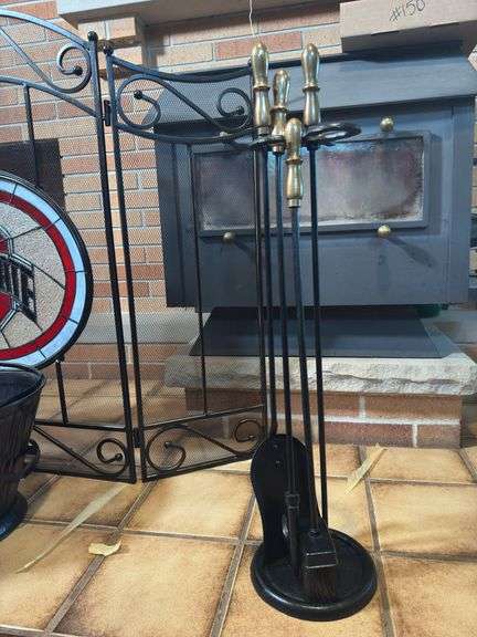 OHIO STATE STAINED GLASS FIREPLACE SCREEN, FIREPLACE TOOLS, COAL BUCKET