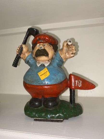 Cast Iron Golfer Figure and Cast Iron Mouse Candlestick Holder