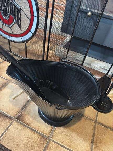 OHIO STATE STAINED GLASS FIREPLACE SCREEN, FIREPLACE TOOLS, COAL BUCKET