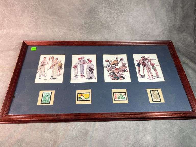 Norman Rockwell Framed Sport Art with Stamps