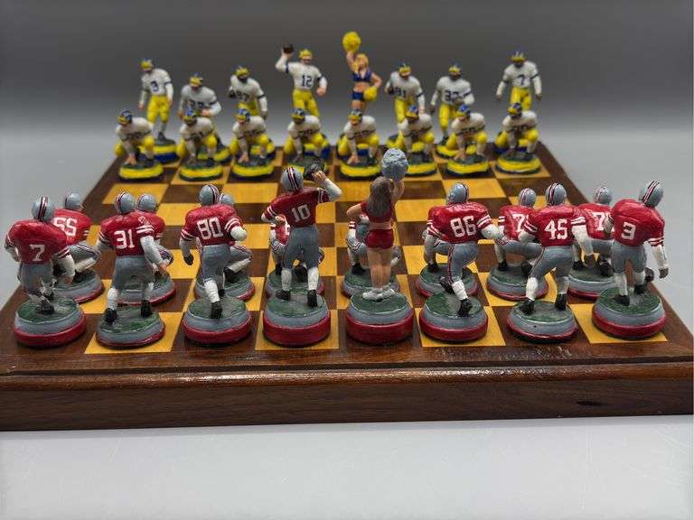CUSTOM OHIO VS MICHIGAN CHESS SET WITH HEAVY LEAD CHESS PIECES AND WOOD CHESS BOARD
