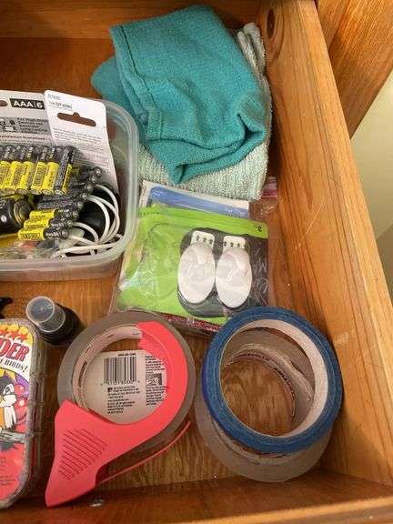 Contents of 2 drawers - tools, tape, batteries, and more
