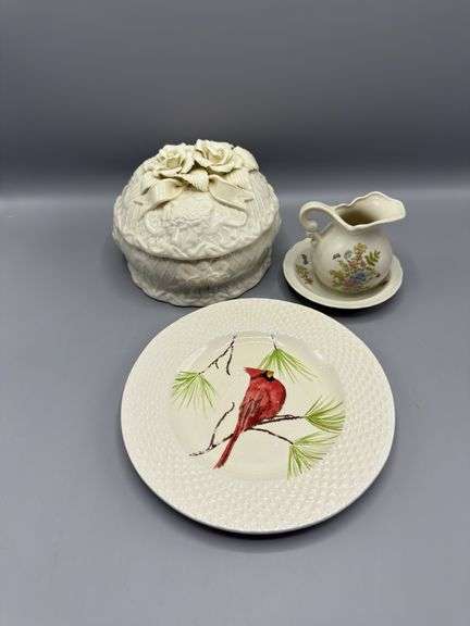 CERAMIC CANDY DISH, CARDINAL PLATE, CRRAMER PITCHER, COASTERS, WOOD ANGEL PLAQUE