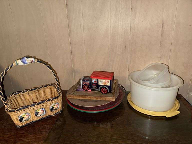 TUPPERWARE BOWLS, KELLOGGS TIN, SERVING PLATES, WOVEN BASKET