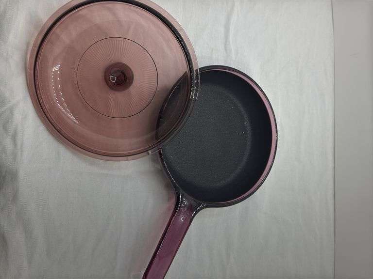 VISIONS CORNING WARE CRANBERRY FRYING PAN, HAS A FEW CHIPS ON EDGE OF LID