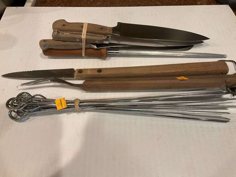 Assortment of Kitchen Knives, Skewers, Grilling Utensils