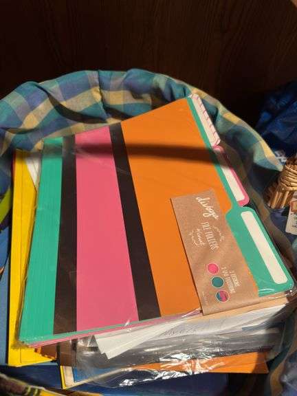 BASKET OF OFFICE SUPPLIES INCLUDING ORGANIZERS, FILES, FOLDERS, PAPER, MARKERS, PENCILS