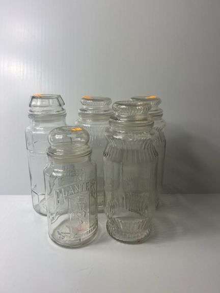 (5) Clear Glass Planter’s Peanuts Canisters