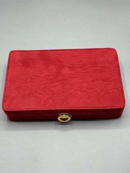 RED SUEDE JEWELRY BOX WITH CONTENTS OF EARRINGS, BRACELTS, BEADED NECKLACES
