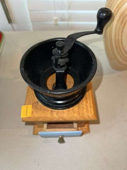 Vintage Coffee Grinder and Wooden Vase