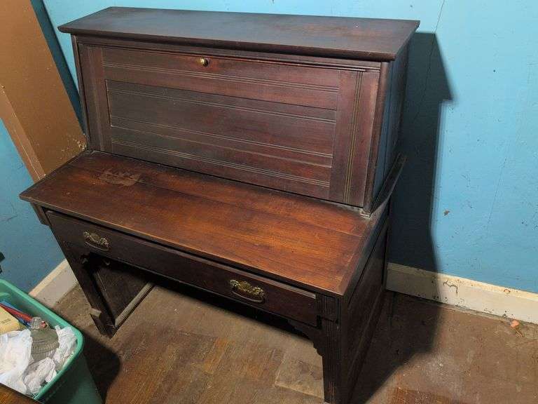 Antique drop front desk with contents