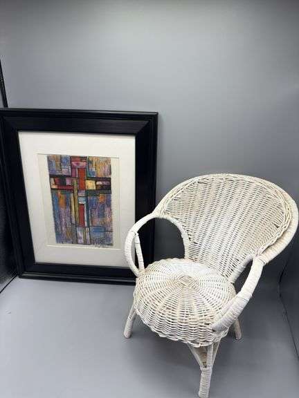 MINI VINTAGE WICKER CHAIR AND WATER COLOR WALL ART BY AMY C. BROWN