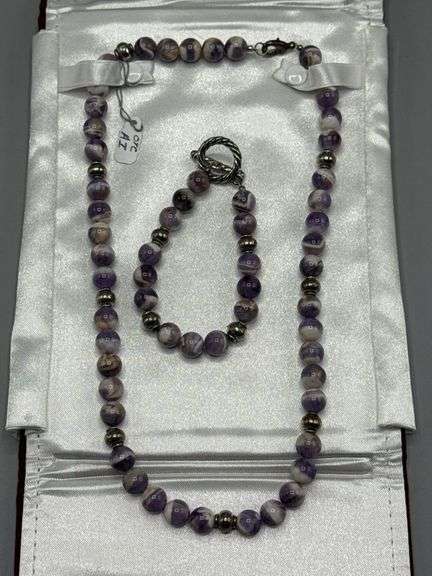 SILVER AND AMETHYST BEADED NECKLACE AND MATCHING BRACELET