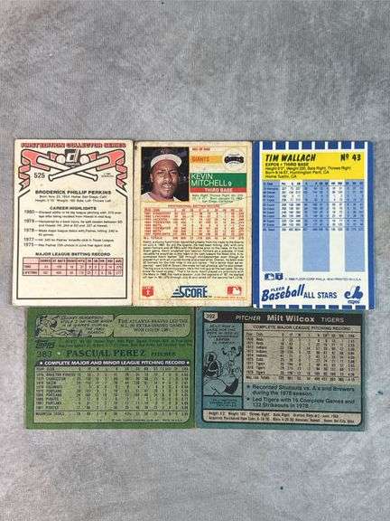 Milt Wilcox, Pascual Perez, Broderick Perkins, Tim Wallach, Kevin Mitchell Cards