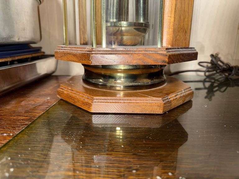 PAIR OF HEAVY SOLID OAK AND GLASS TABLE LAMPS