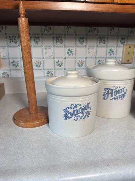 PFALTZGRAFF CANISTER SET, PAPER TOWEL HOLDER, SMALL CRACK AND CHIP ON 2 OF THEM (PICTURED)