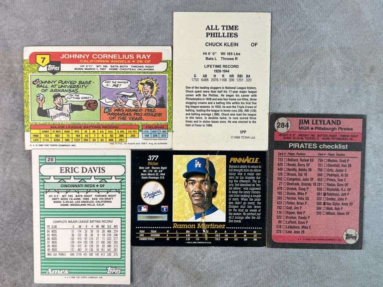 Chuck Klein, Ramon Martinez, Johnny Ray, Jim Leyland, Eric Davis Cards