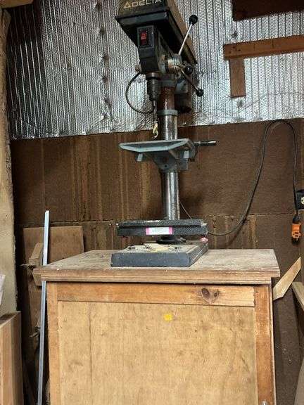 Delta Drill Press Mounted to Wooden Cabinet, CONTENTS OF CABINET NOT INCLUDED