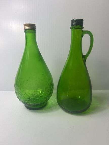 (2) Vintage Embossed Grapes Green Glass Half Gallon Wine Bottles