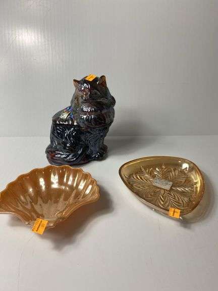 (2) Marigold Carnival Dishes, Carnival Glass Cat Cookie Jar