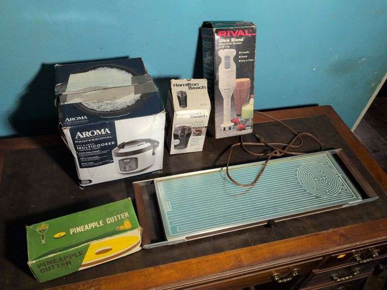 Hot tray, rice cooker, pineapple cutter, coffee grinder, and hand-held blender