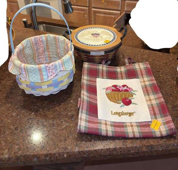2005 Longaberger Inaugural Basket, Longaberger Easter Basket, and Longaberger Apple Carrying Bag