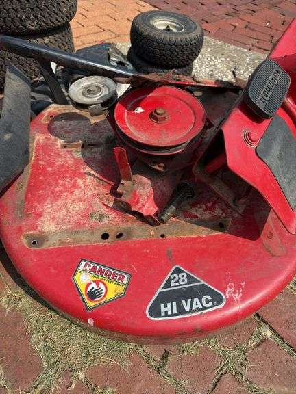 SNAPPER RIDING MOWER PARTS INCLUDING WHEELS, STEERING WHEEL/COLUMN, 28” MOWER DECK, GEAR BOX, BLADE,