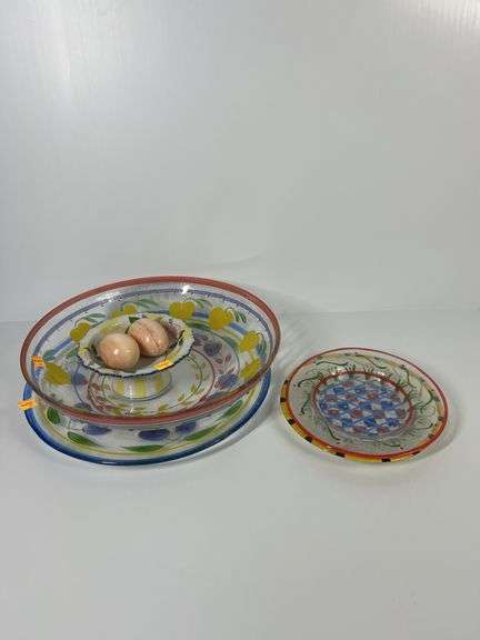 Handpainted Glass Plates/Bowls, Andrea by Sadek Footed Bowl, (2) Stone Eggs