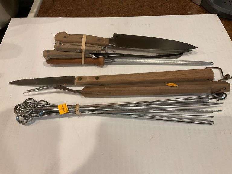 Assortment of Kitchen Knives, Skewers, Grilling Utensils
