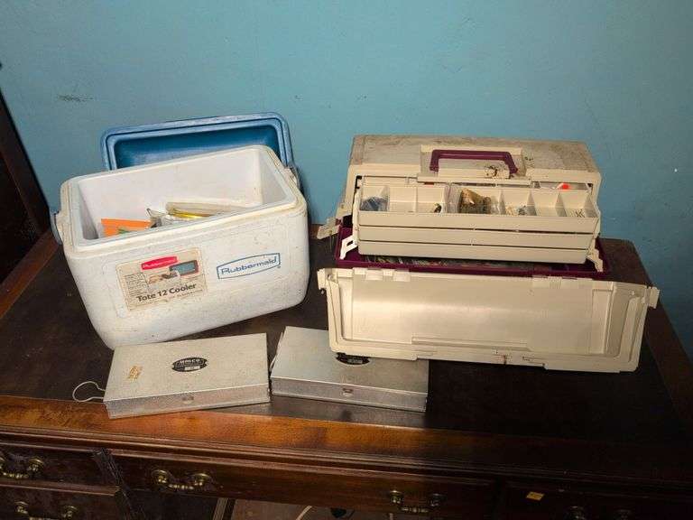 Plano tackle box and Rubbermaid cooler - with miscellaneous fishing supplies