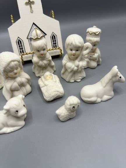 SNOW-BABY STYLE NATIVITY SET AND WOODEN OTTERBEIN U.M. CHURCH COLLECTIBLE