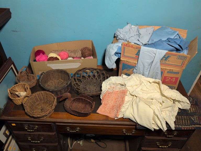Baskets, yarn, and miscellaneous curtains
