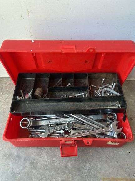 Plastic Red Toolbox with Assorted Wrenches