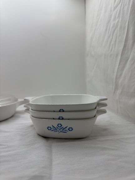 CORNINGWARE BLUE CORNFLOWER FRYING PANS, MINI CASSEROLE DISHES