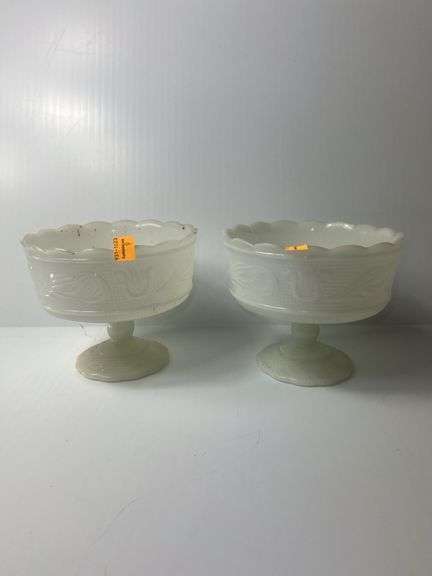 (2) E.O. Brody Milkglass Pedestal Bowls