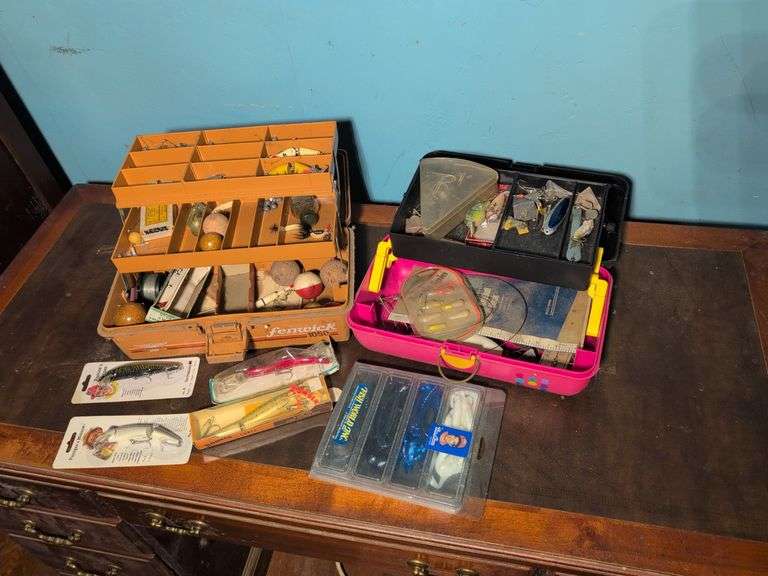 (2) tackle boxes with fishing contents - lures, bobbers, string, and more