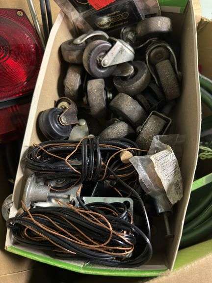 ASSORTMENT BOX WITH TAIL/BRAKE LIGHT, WIRING, GLASS SQUEEGEES, CASTERS, RADIO ANTENNA AND MORE
