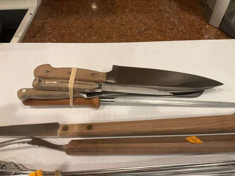 Assortment of Kitchen Knives, Skewers, Grilling Utensils