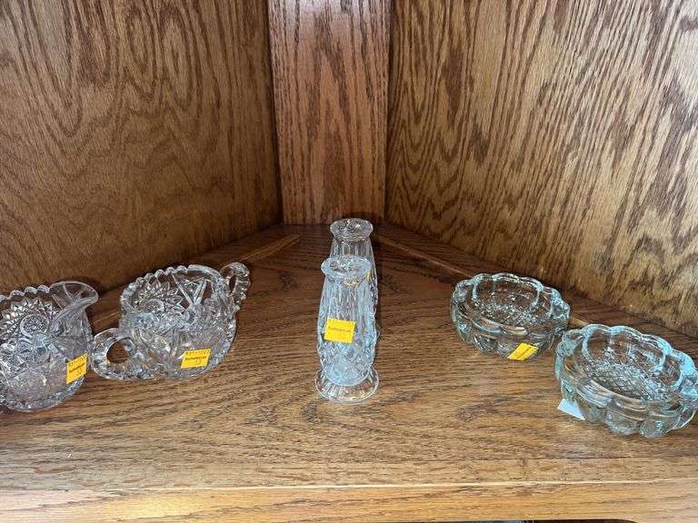 (2) Crystal Cut Glass Creamer and Sugar Set, (2) Crystal Cut Glass Salt and Pepper Shakers, (2) Glas