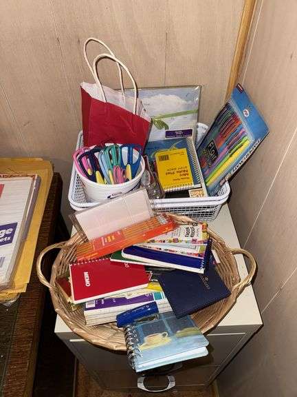 OFFICE SUPPLIES: ORGANIZER BASKETS, SCISSORS, PENS, PENCILS, MARKERS, NOTEPADS, STAPLER