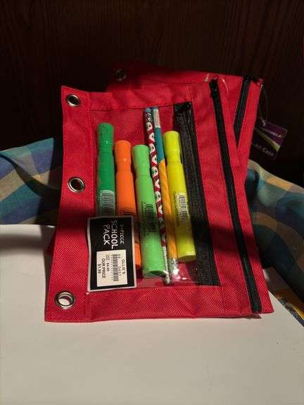 BASKET OF OFFICE SUPPLIES INCLUDING ORGANIZERS, FILES, FOLDERS, PAPER, MARKERS, PENCILS