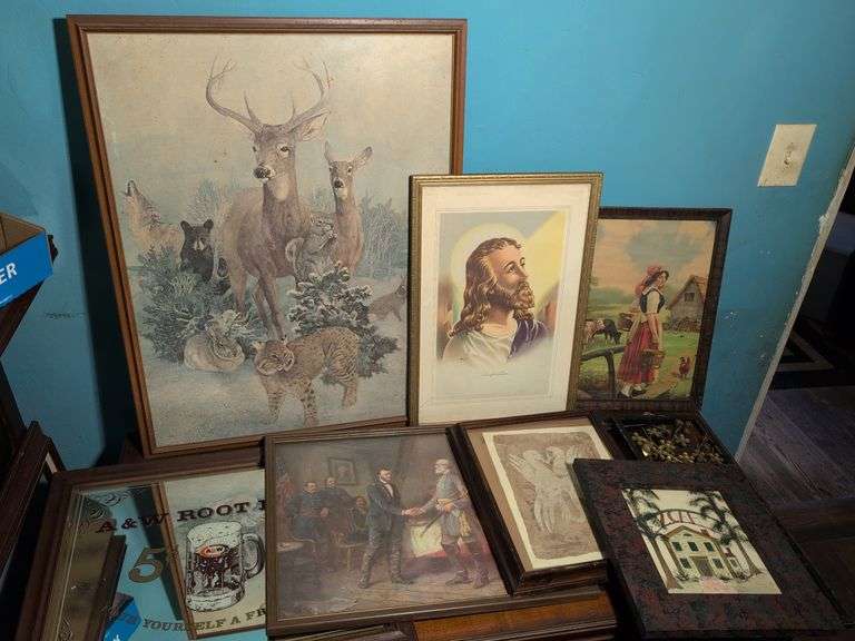 (9) framed pictures - prints, mirror sign, and more