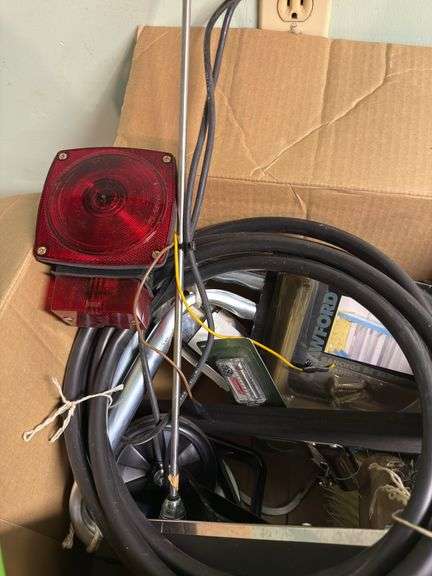 ASSORTMENT BOX WITH TAIL/BRAKE LIGHT, WIRING, GLASS SQUEEGEES, CASTERS, RADIO ANTENNA AND MORE